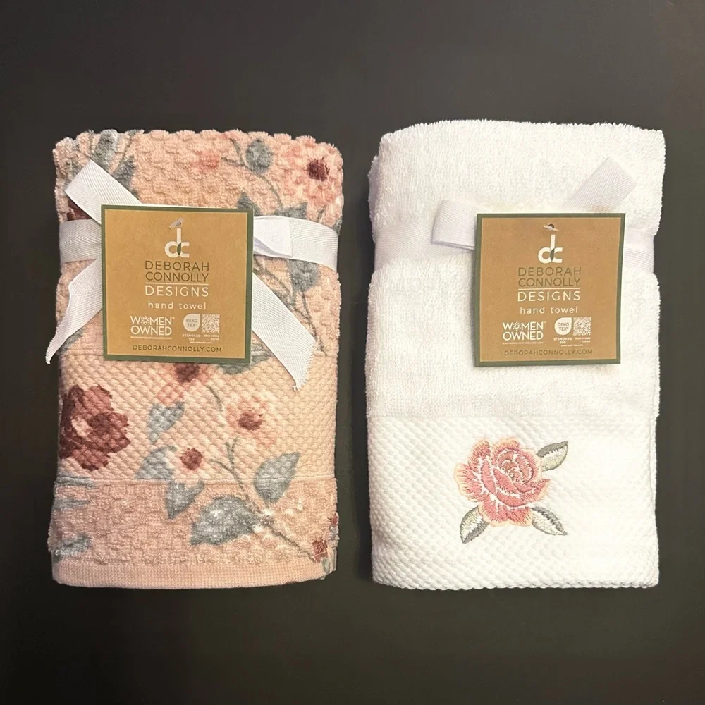 💥4pc DEBORAH CONNOLLY Floral/White Bath Hand Towel Set - Botanist/Classic Rose